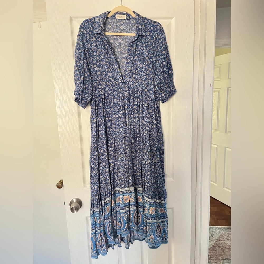 Blue Floral Midi Dress with Border Print